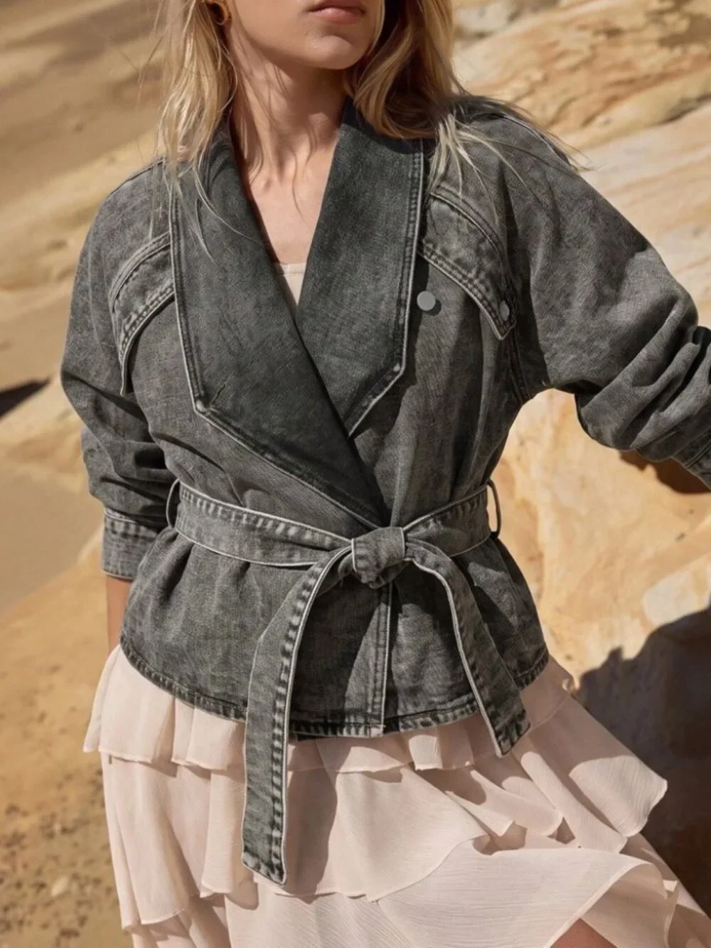 Gray Denim Belted Wrap Jacket with Contrast Stitching